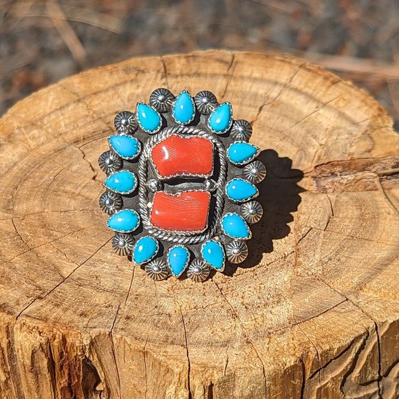 Handcrafted Turquoise Coral Native American Ring Southwestern Sterling Sz 7.5 ** - Picture 3 of 10